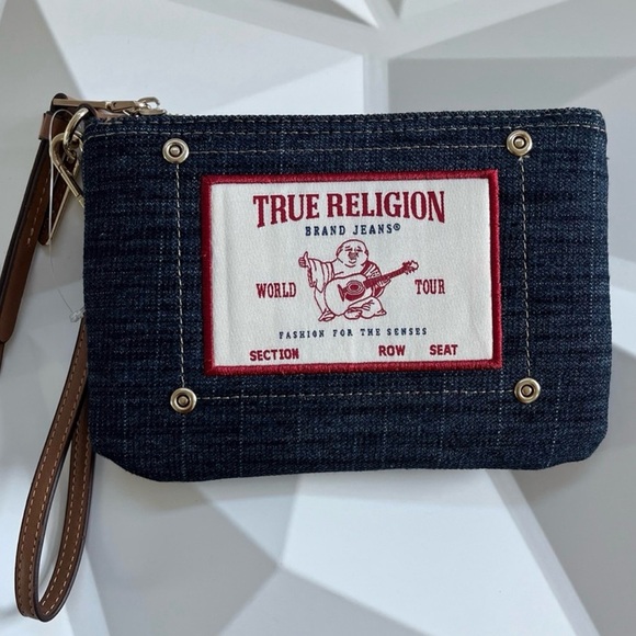 True Religion Denim Wristlet Clutch in Dark Blue with Brown Strap and Red Trim - Picture 2 of 4